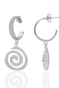 Silver hoop earrings with spiral designs on a white background