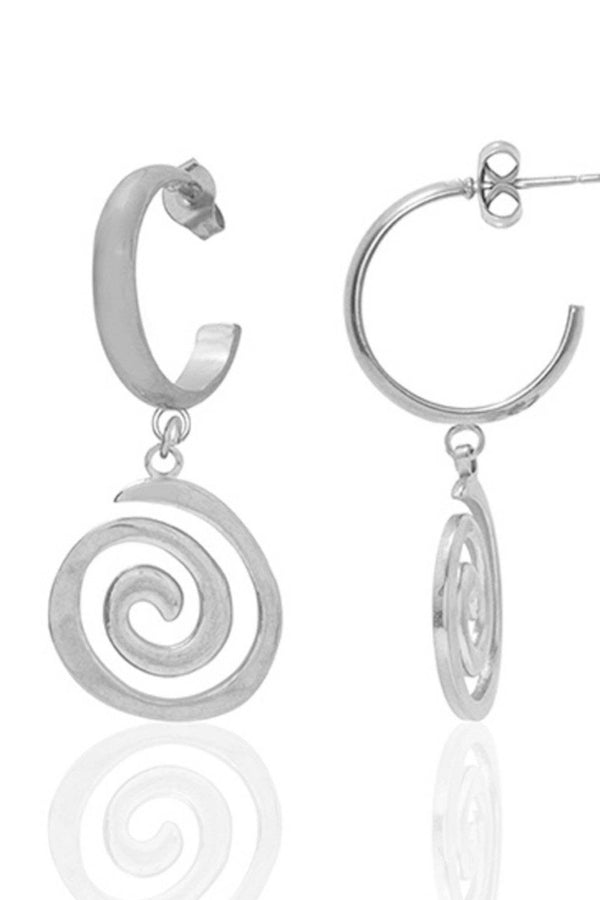 Silver hoop earrings with spiral designs on a white background