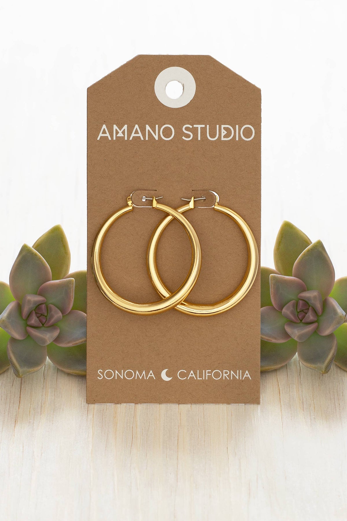 Gold hoop earrings on a 'Amano Studio' branded card with succulents on a light wooden surface.