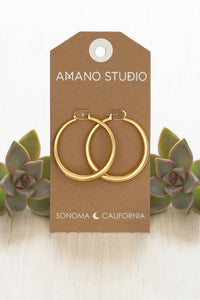 Gold hoop earrings on a 'Amano Studio' branded card with succulents on a light wooden surface.