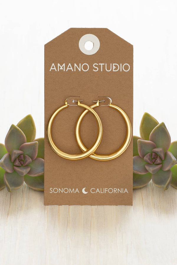 Gold hoop earrings on a 'Amano Studio' branded card with succulents on a light wooden surface.
