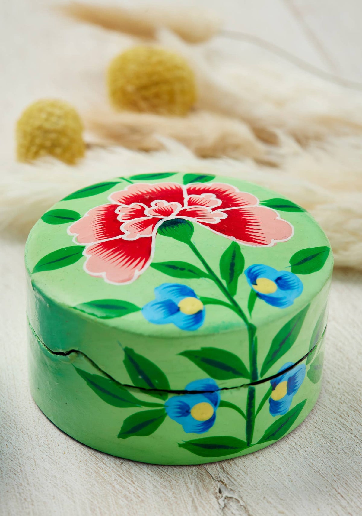 Namaste Kashmiri Chrysanthemum Green Handpainted Trinket Box Small