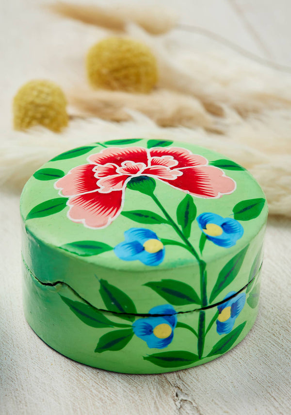 Namaste Kashmiri Chrysanthemum Green Handpainted Trinket Box Small