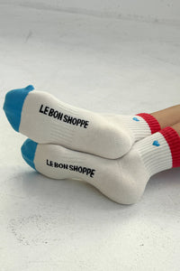Embroidered Color Block Girlfriend Socks (wholesale): BLUE RED + HEART - The Mercantile London