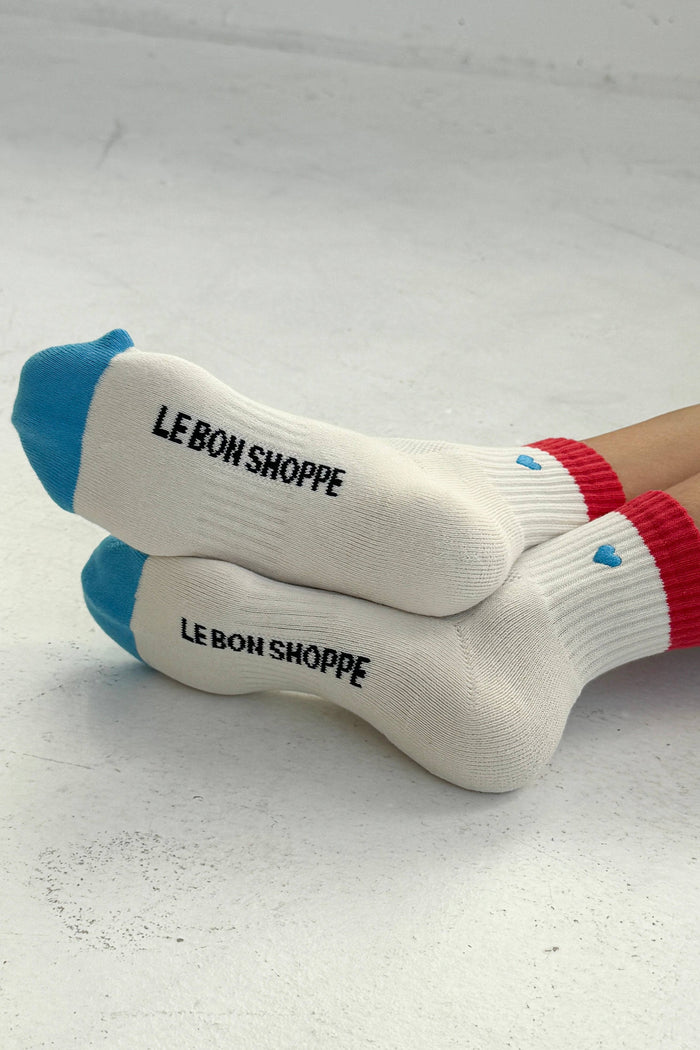Embroidered Color Block Girlfriend Socks (wholesale): BLUE RED + HEART - The Mercantile London