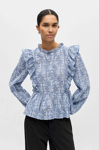 Object Ciara Check Denim and White Frill Blouse