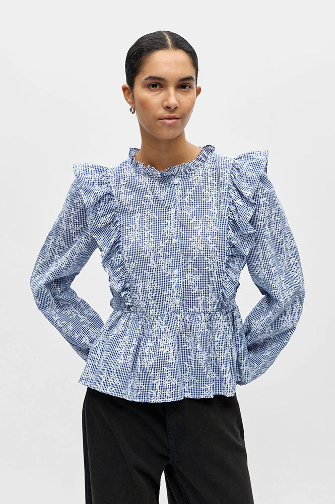 Object Ciara Check Denim and White Frill Blouse