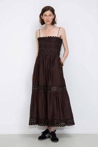 Crochet Lace Panelled Maxi Cami Dress: Brown / S - The Mercantile London