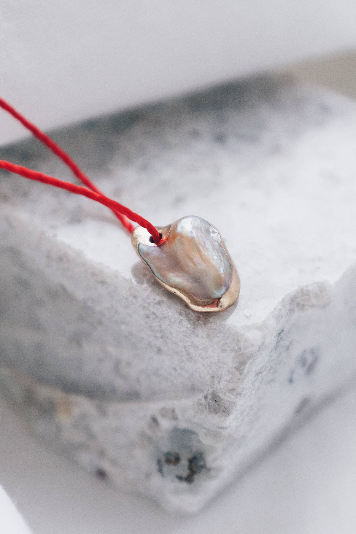 Lyon & Feather Red String Gold Pearl Necklace