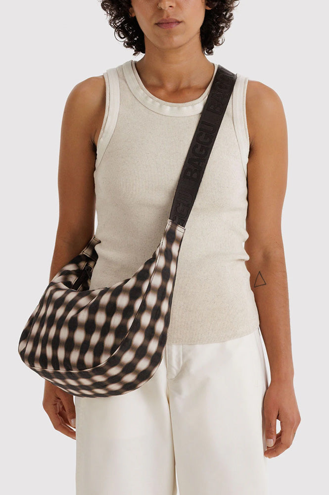 Baggu Blurred Brown Gingham Medium Nylon Crescent Bag - The Mercantile London