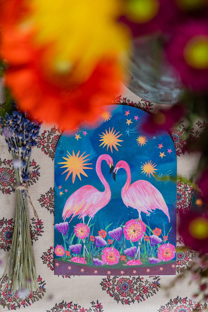 Hutch Cassidy Sunset Flamingo Bell Jar Greetings Card