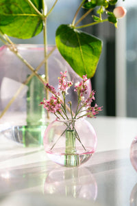 Clear glass vase with pink flowers on a reflective surface