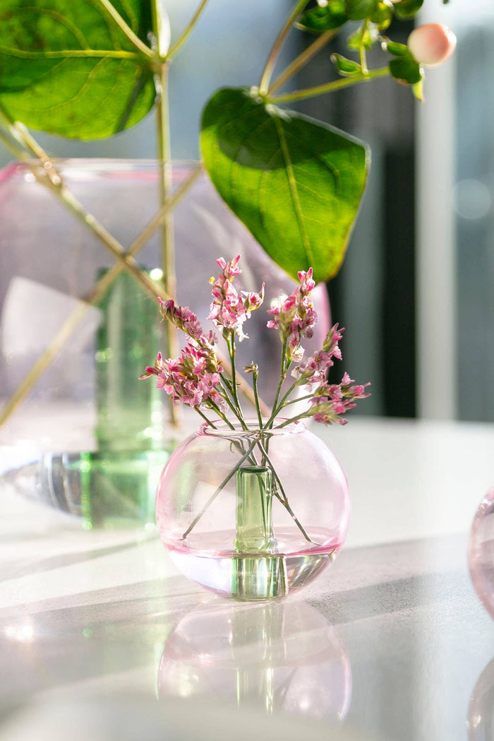 Clear glass vase with pink flowers on a reflective surface