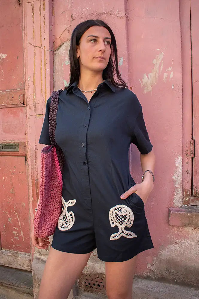Thinking Mu Roberta Navy Fish Patch Jumpsuit - The Mercantile London