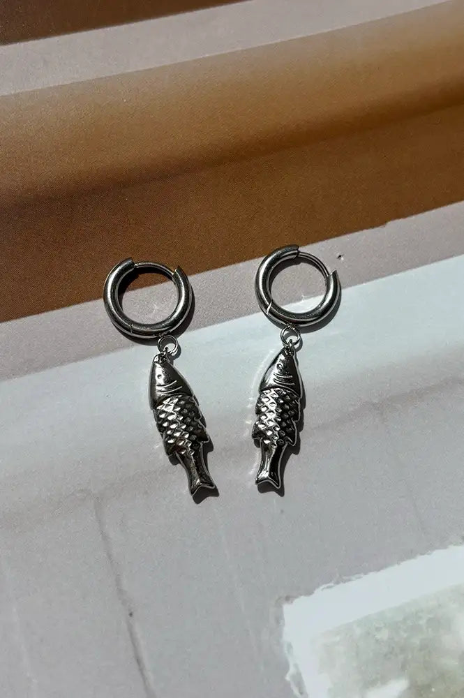 White Silver Fish Pendant Earrings