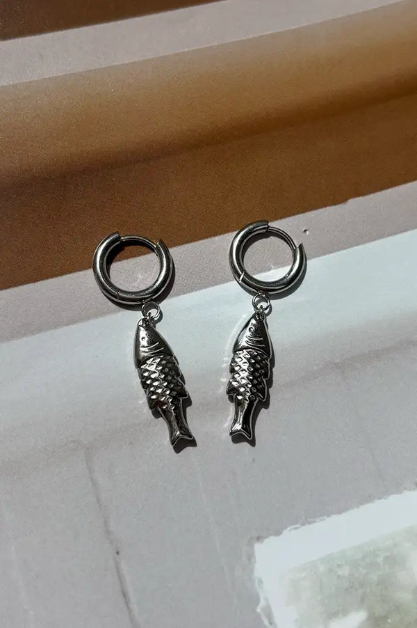 White Silver Fish Pendant Earrings