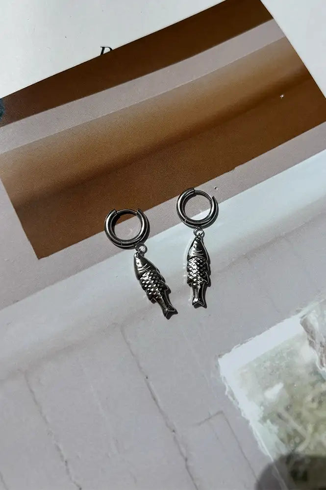 White Silver Fish Pendant Earrings