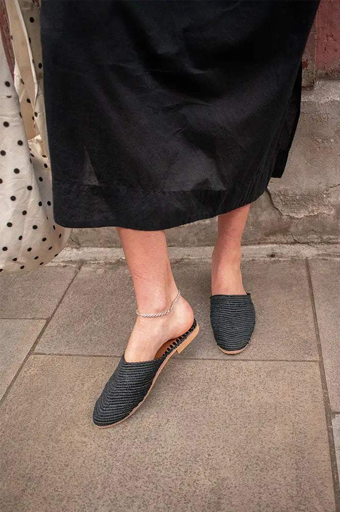 Raffia Handmade Black Heeled Sandals - The Mercantile London