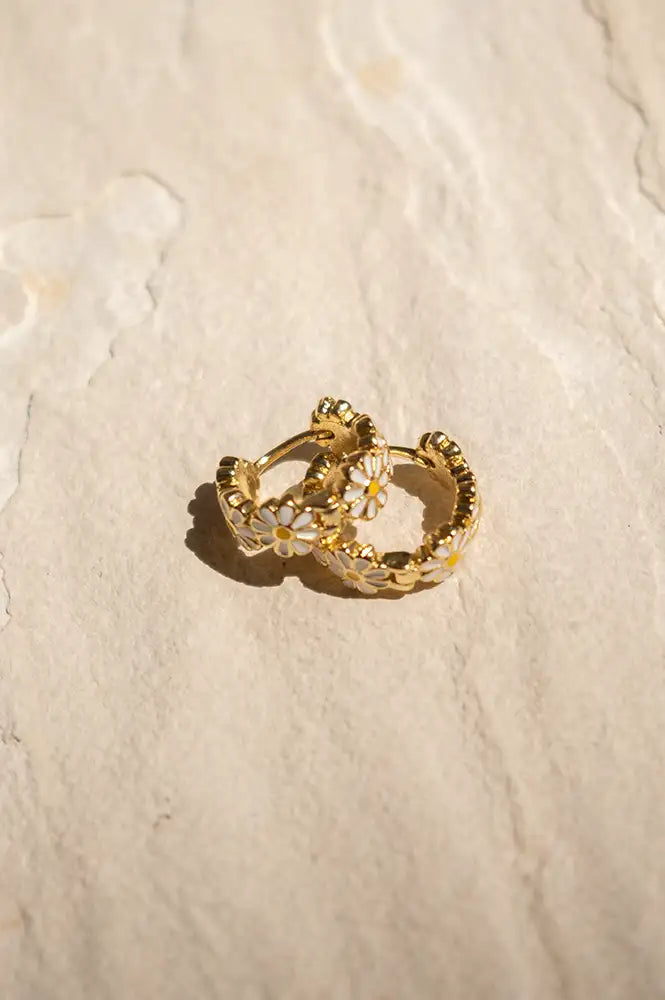 White Enamel Daisy Chain Gold Huggie Hoop