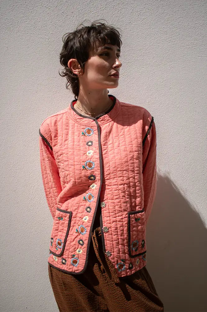 Habiba Flora Berry Quilted Embroidered Jacket