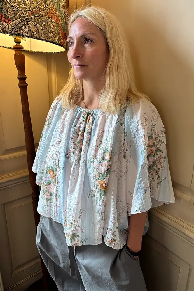Stella Nova Creme Floral Loose Dropped Shoulder Blouse
