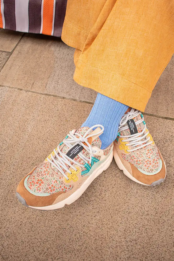 Flower Mountain Yamano 3 Chestnut & Light Blue Floral Trainers - The Mercantile London