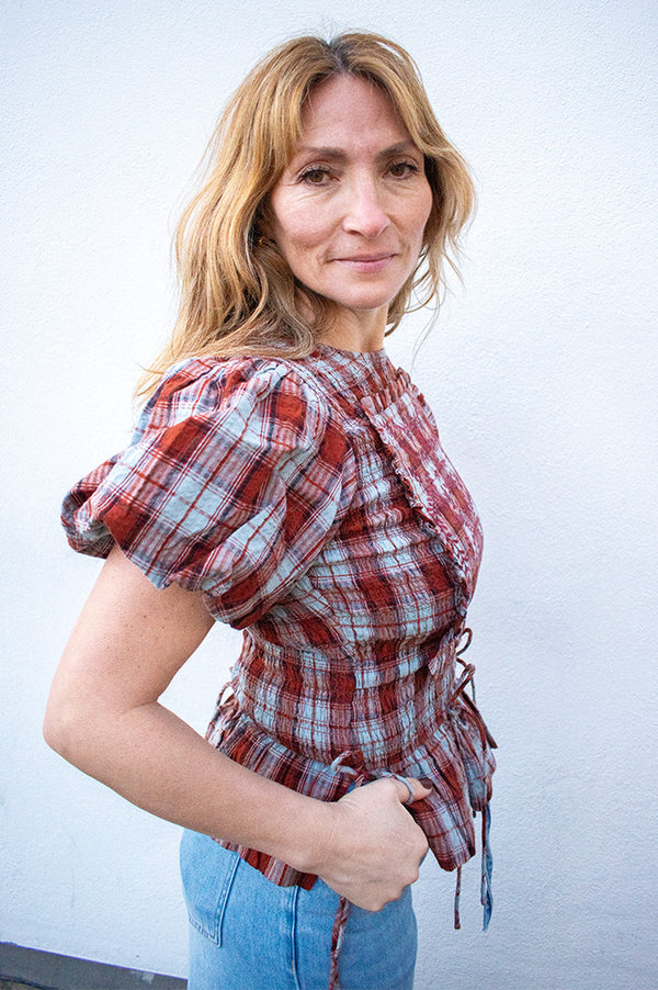 Damson Madder Audrey Blue Fog Check Smocked Top