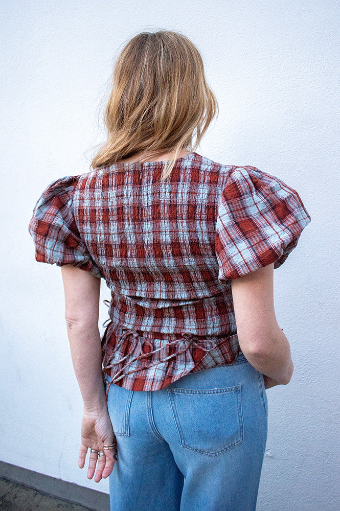 Damson Madder Audrey Blue Fog Check Smocked Top