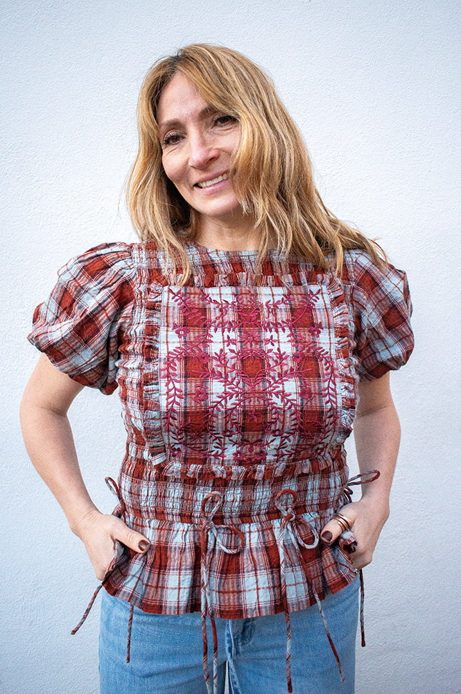 Damson Madder Audrey Blue Fog Check Smocked Top