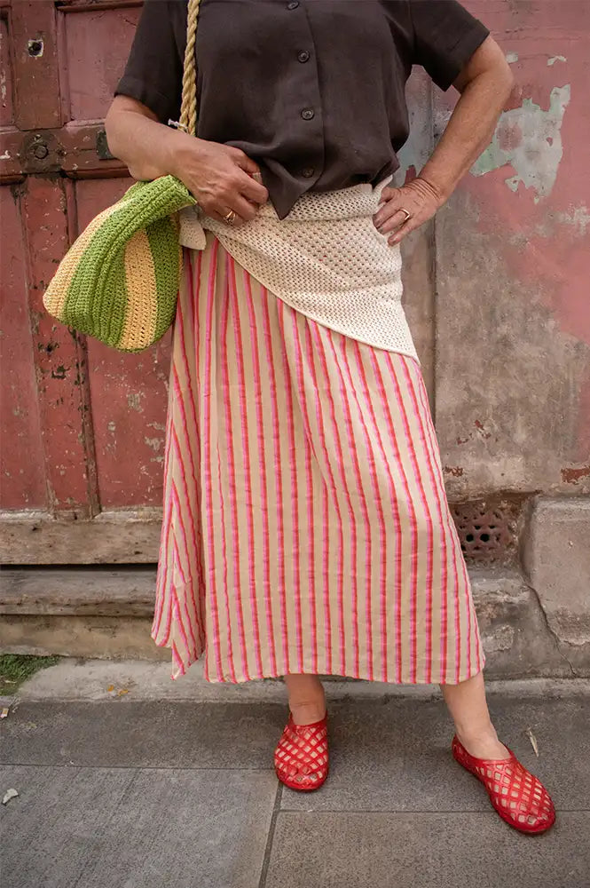 ICHI Foxa Rose And Tan Striped Midi Skirt