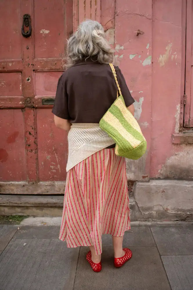 ICHI Foxa Rose And Tan Striped Midi Skirt