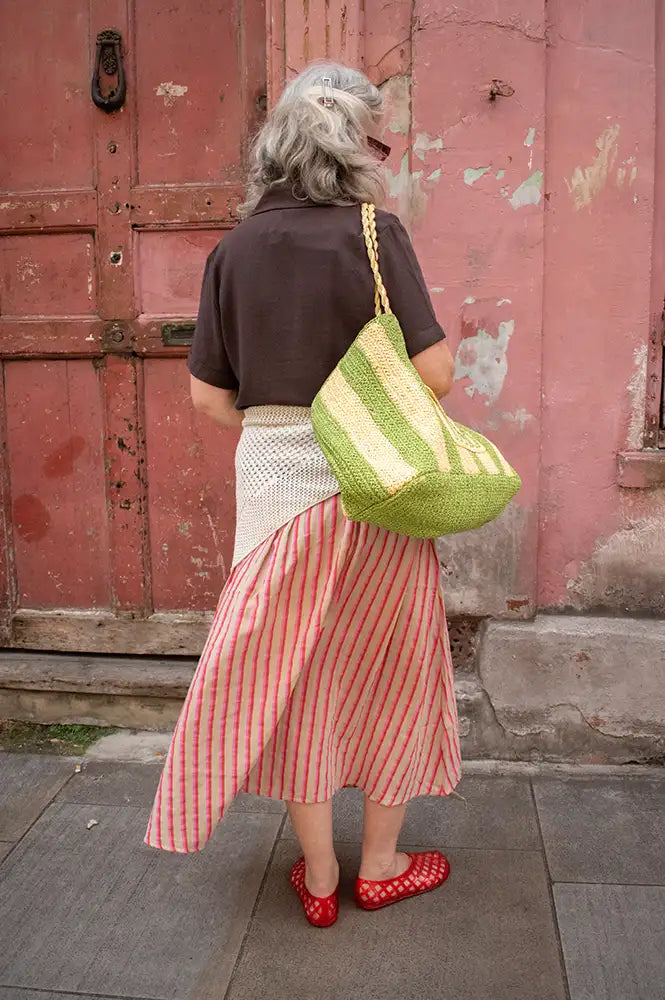 ICHI Foxa Rose And Tan Striped Midi Skirt