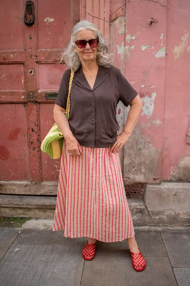 ICHI Foxa Rose And Tan Striped Midi Skirt