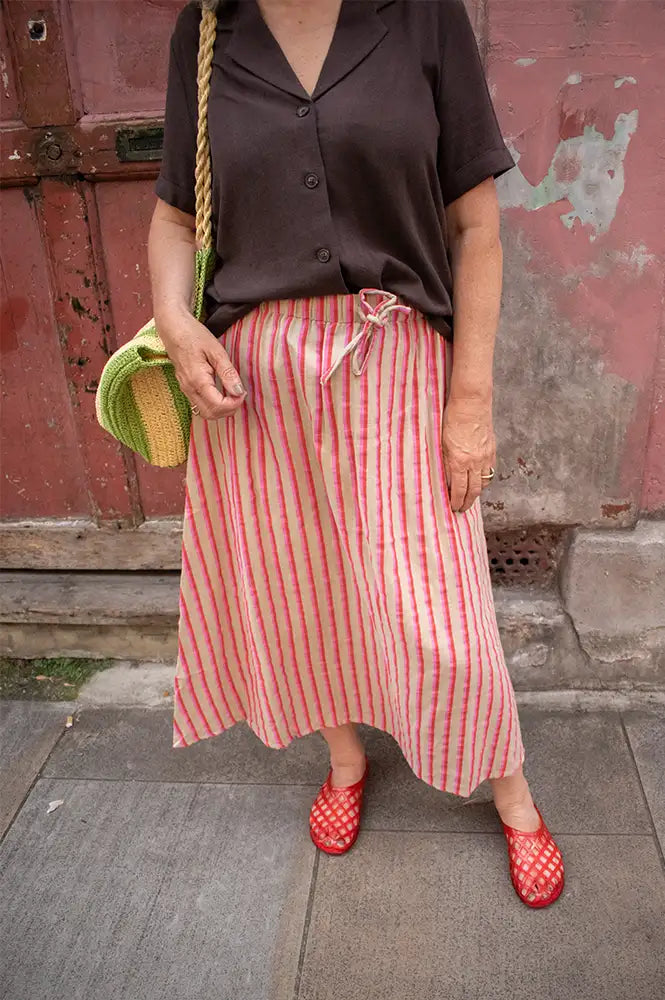 ICHI Foxa Rose And Tan Striped Midi Skirt