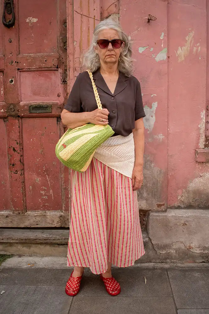 ICHI Foxa Rose And Tan Striped Midi Skirt