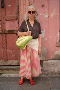 ICHI Foxa Rose And Tan Striped Midi Skirt