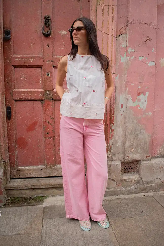 Fransa Bernie Yellow White Stripe Floral Top - The Mercantile London