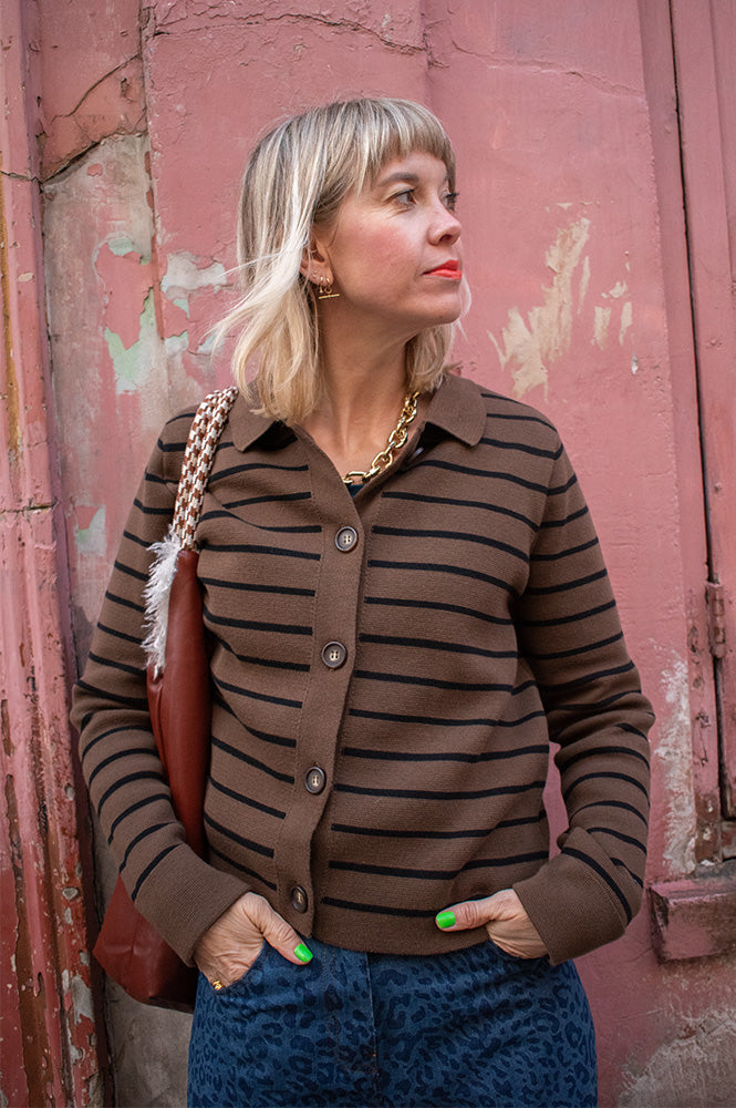 Fransa Rita Chocolate Stripe Polo Top