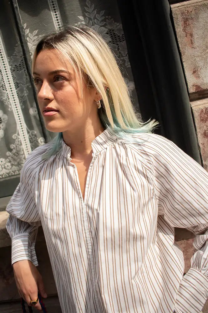 Fransa Zaba Tan Striped Blouse