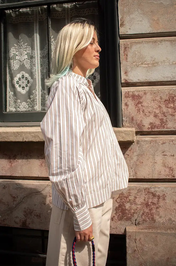 Fransa Zaba Tan Striped Blouse