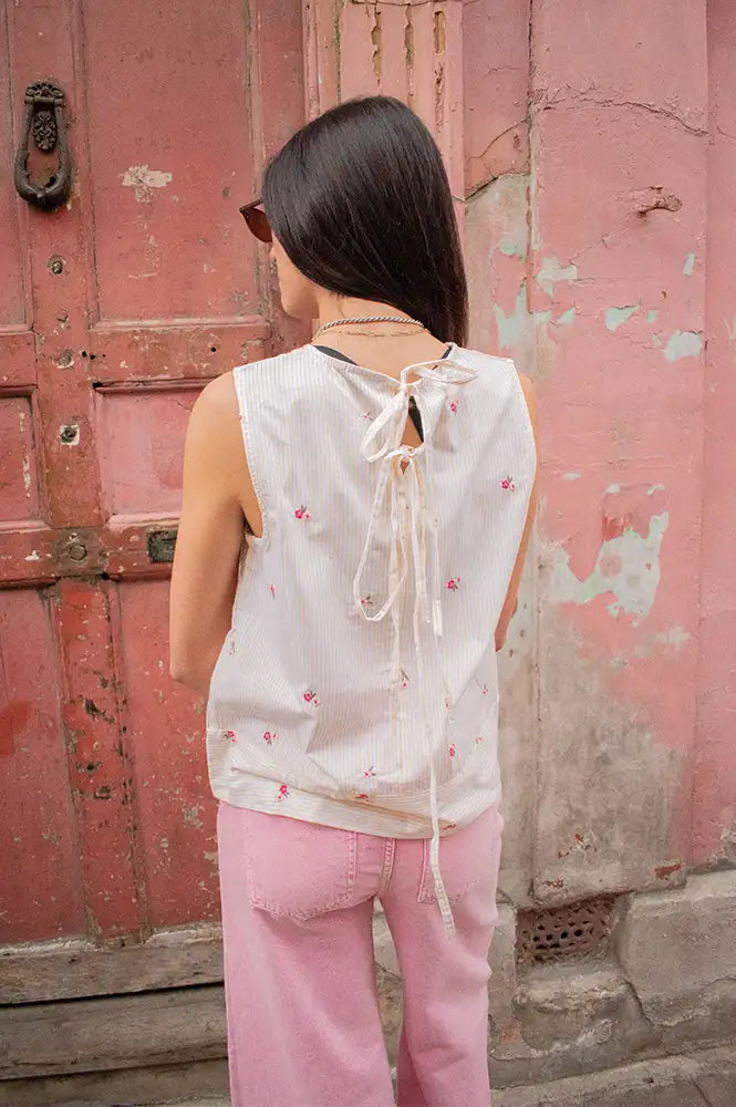 Fransa Bernie Yellow White Stripe Floral Top - The Mercantile London
