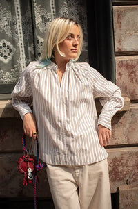 Fransa Zaba Tan Striped Blouse