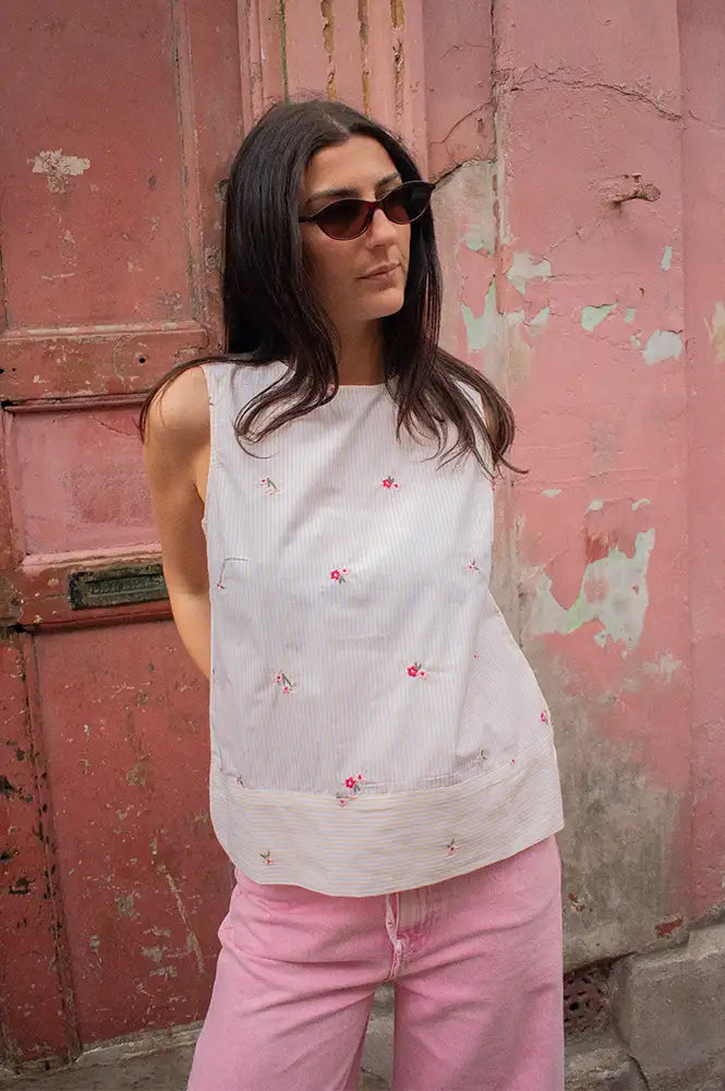 Fransa Bernie Yellow White Stripe Floral Top - The Mercantile London