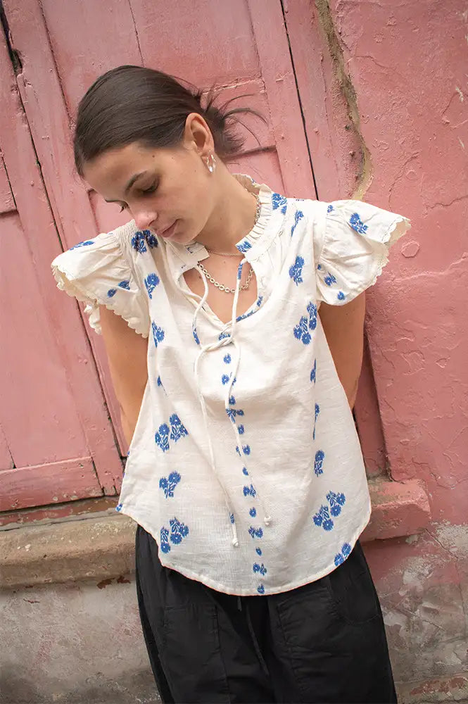 M.A.B.E Iris Woven Frill Blue Blouse - The Mercantile London