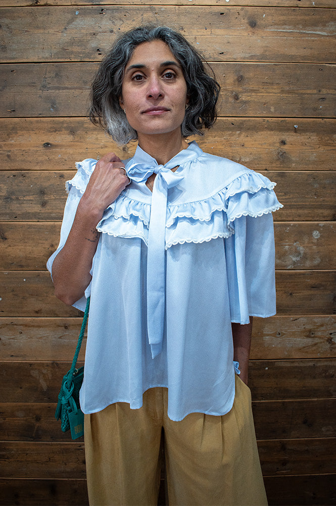 Stella Nova Loose Frills Dust Blue Blouse - The Mercantile London