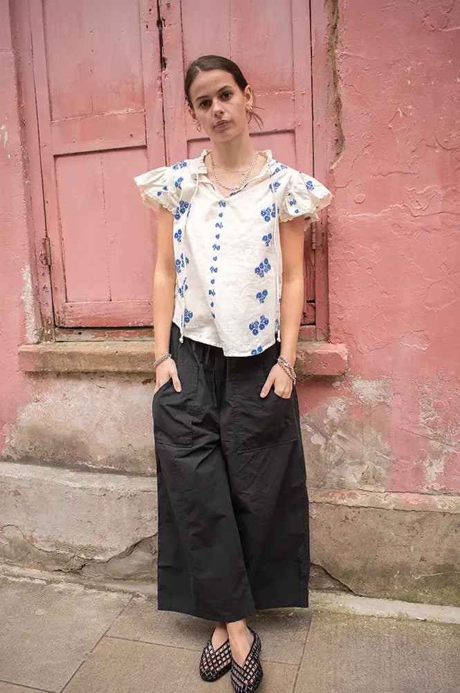 M.A.B.E Iris Woven Frill Blue Blouse - The Mercantile London