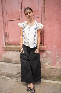 M.A.B.E Iris Woven Frill Blue Blouse - The Mercantile London