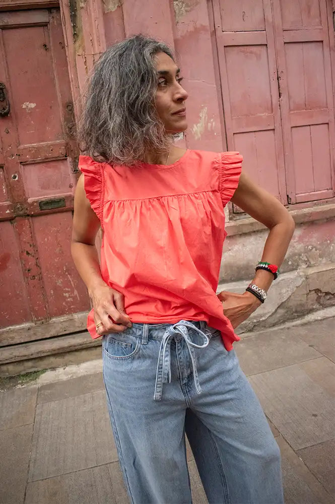 Frau Stockholm Hot Coral Frill Blouse