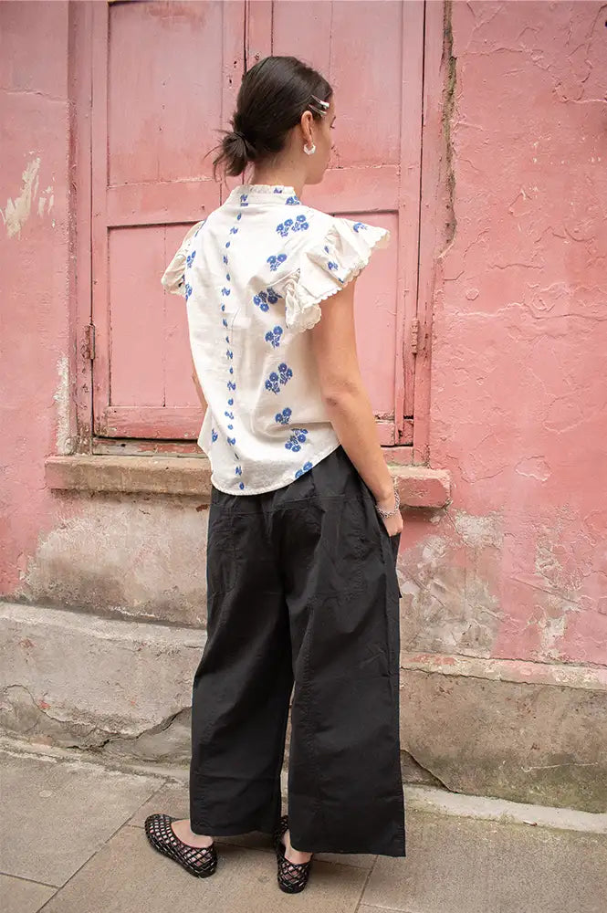M.A.B.E Iris Woven Frill Blue Blouse - The Mercantile London