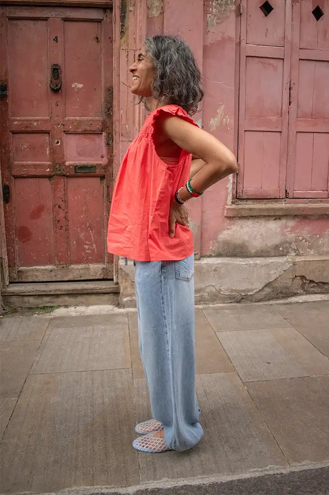 Frau Stockholm Hot Coral Frill Blouse